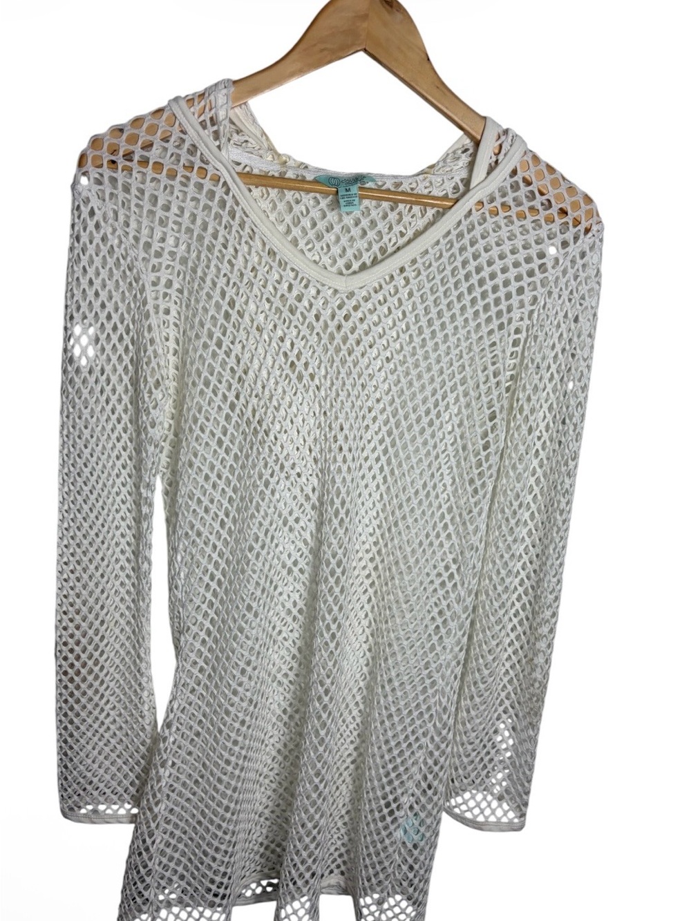 White fishnet mesh long sleeve hooded mini cover up dress size M